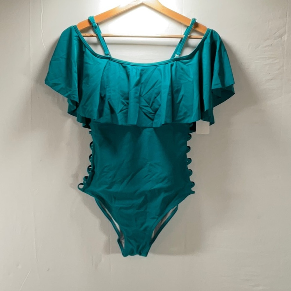 Holipick small green off the shoulder one piece swimsuit.  NWT.  Cutouts on side